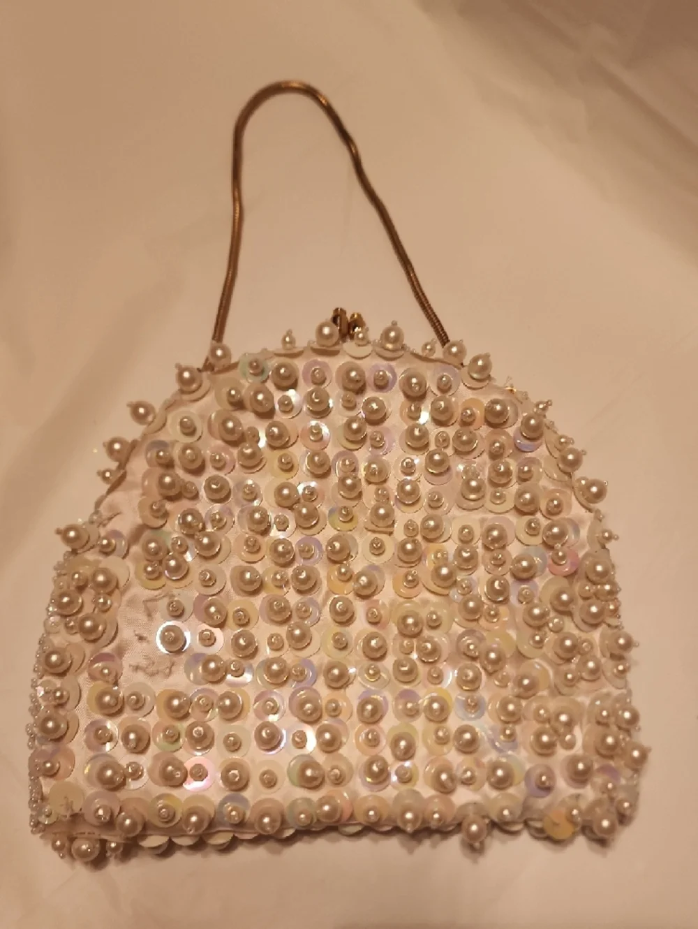 Vintage Pearl & Sequin White Evening Clutch with Gold Handle